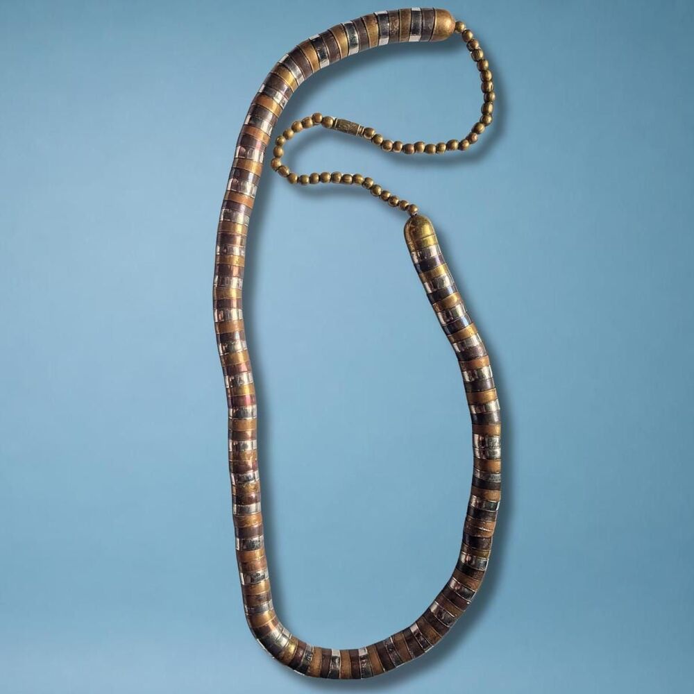 Vintage Mixed Metal heishi-style Disc Bead Necklace with Brass Barrel Clasp